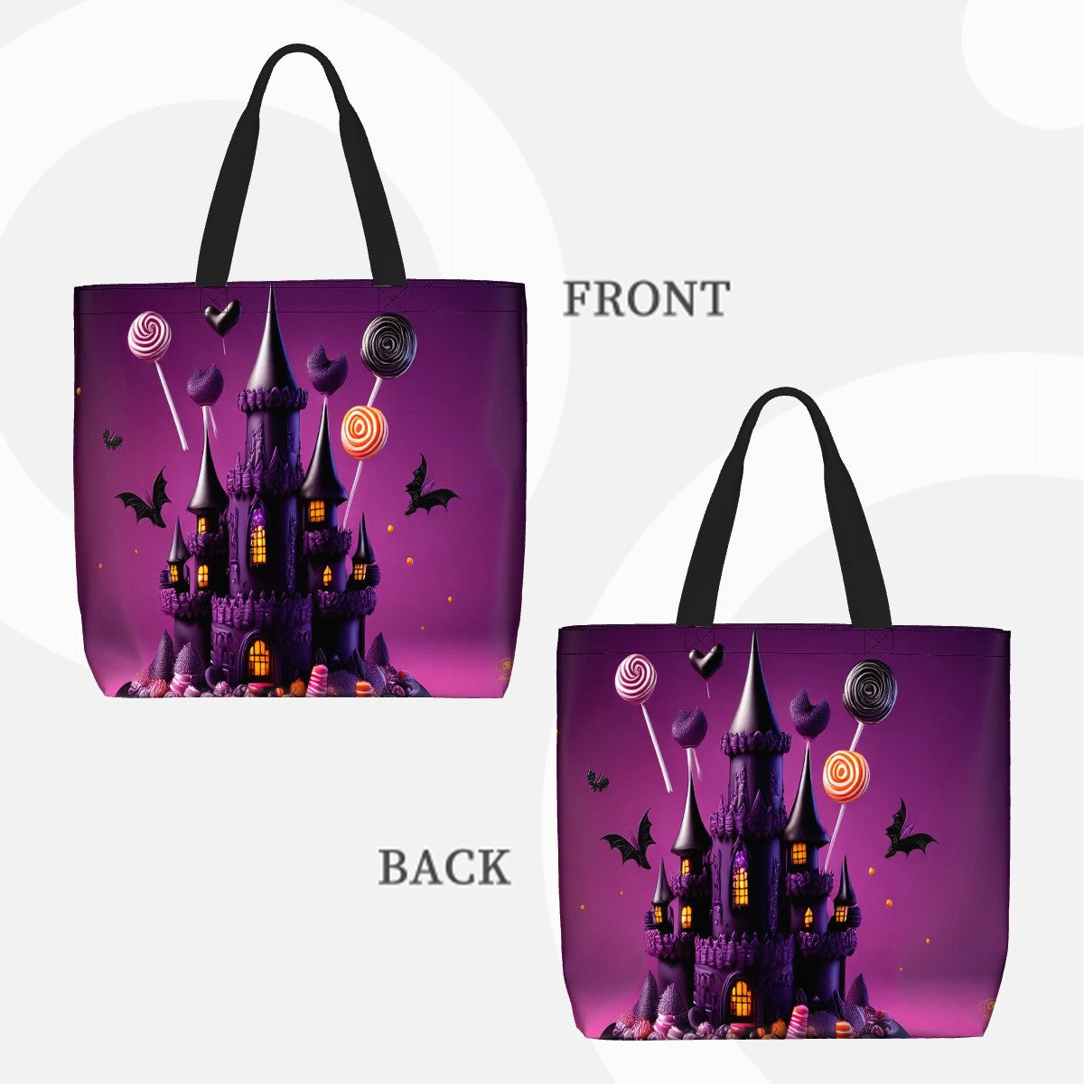 Sac fourre-tout Halloween illustré d'un château noir, bonbons et chauves-souris, vue avant et arrière.