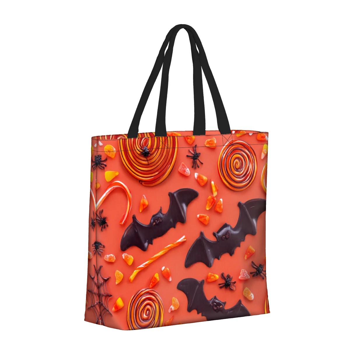 Sac fourre-tout Halloween en polyester avec motifs de bonbons et chauves-souris sur fond orange.