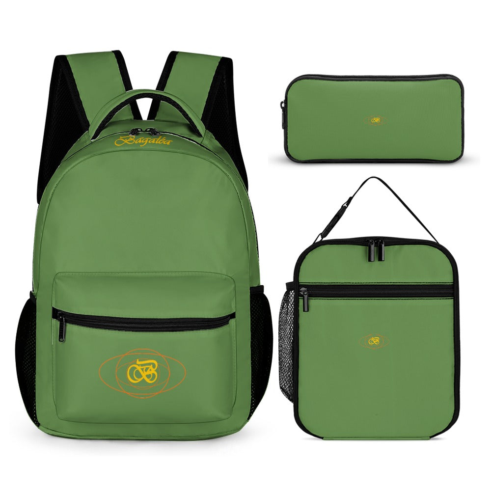 Ensemble Trois Pièces couleur vert pour la rentrée scolaire école et université, le travail et activités avec sac à dos, sac à lunch et trousse à crayons
