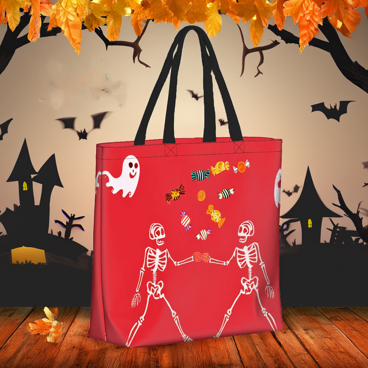 Sac fourre-tout Halloween rouge avec motifs de squelettes et bonbons colorés, parfait pour les célébrations.