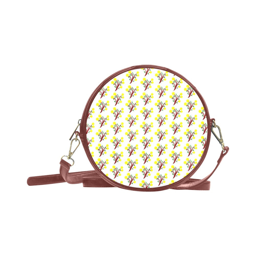 Sac Messager Rond Marron Motif Fleurs Abstrait