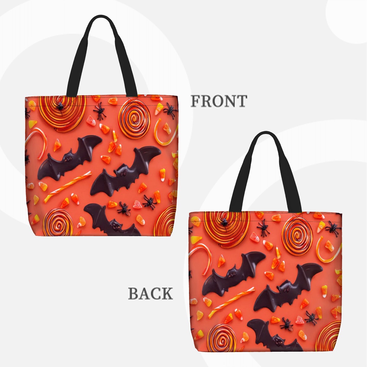 Sac fourre-tout Halloween avec motif de chauves-souris et bonbons, vue avant et arrière.