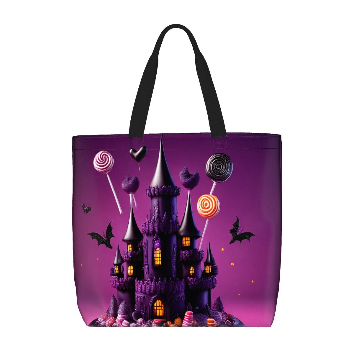 Sac fourre-tout Halloween avec château et sucettes sur fond violet, parfait pour les fêtes d'Halloween.