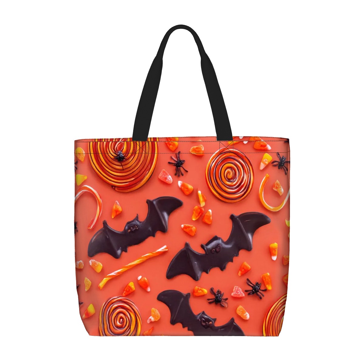 Sac fourre-tout Halloween avec motifs de chauves-souris et bonbons colorés sur fond orange.