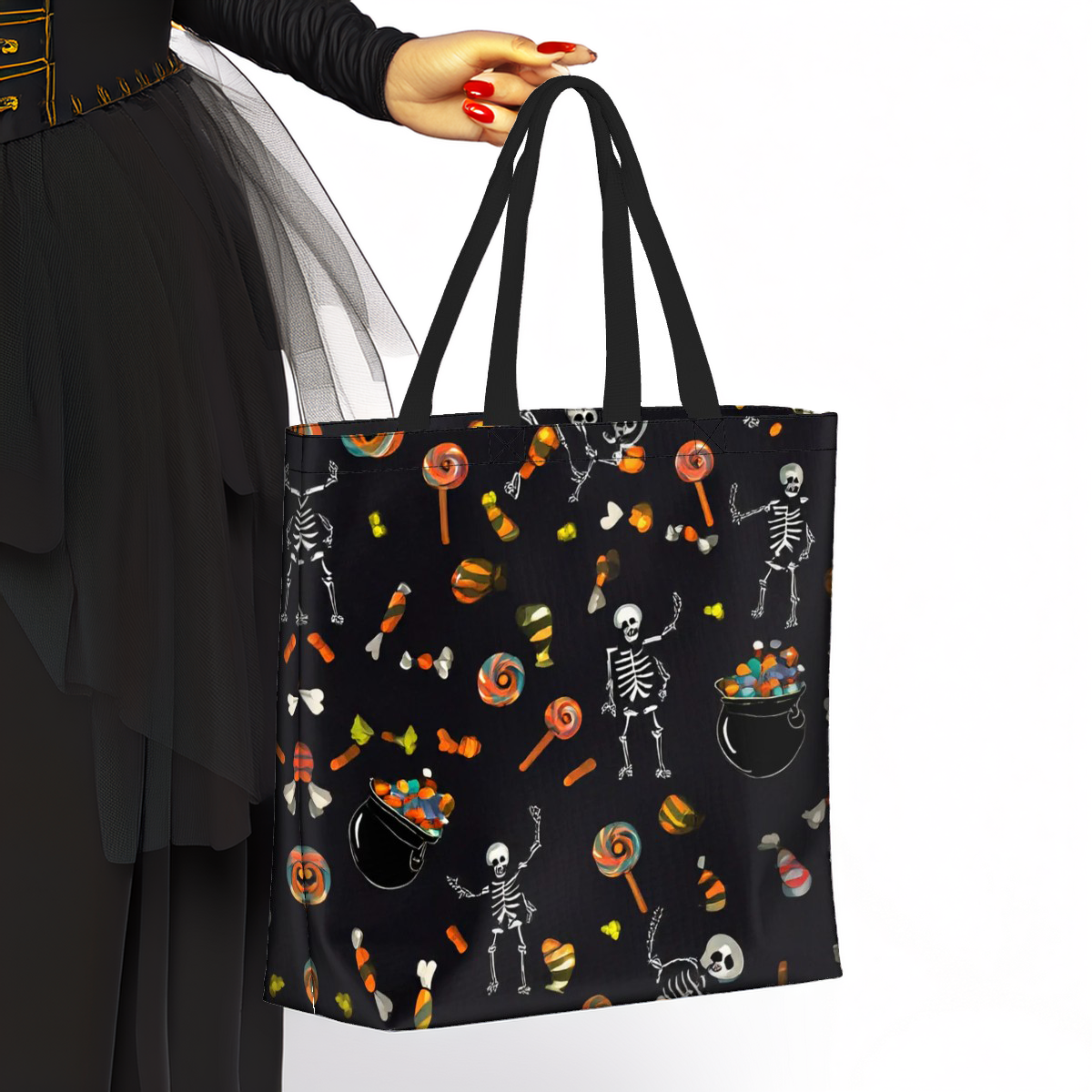 Sac fourre-tout Halloween à motifs de squelettes et bonbons