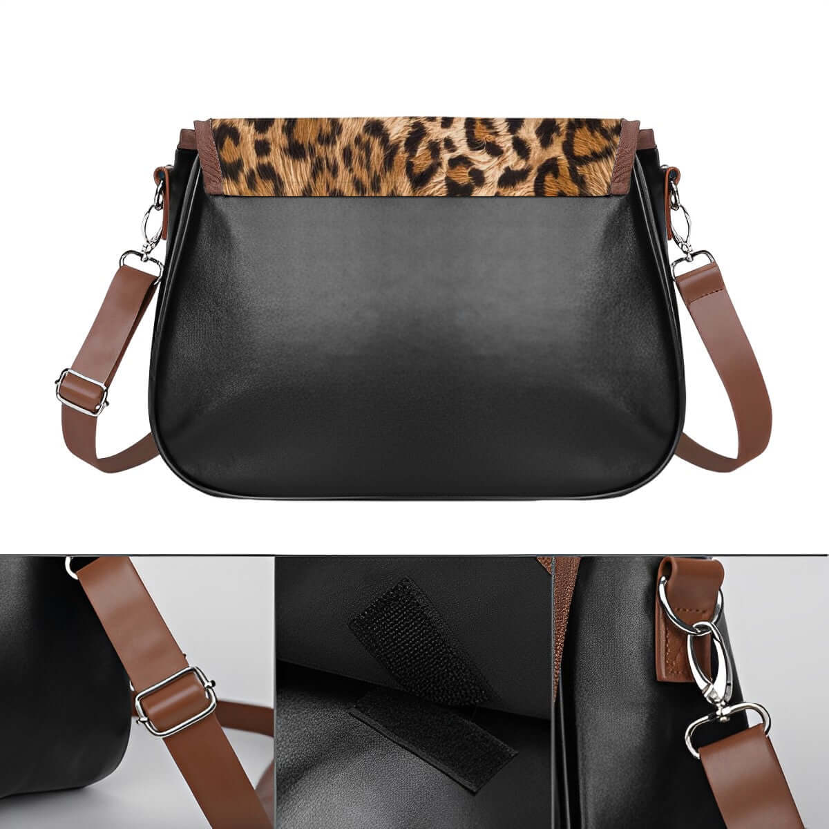 Un sac élégant combinant un motif léopard audacieux et des accents noirs sophistiqués, idéal pour ajouter une touche de glamour et de chic à votre look.