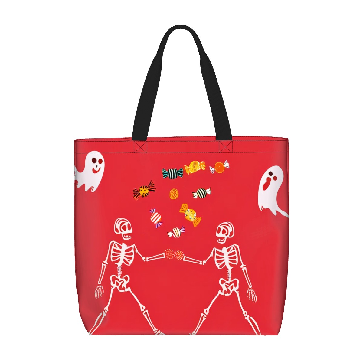 Sac fourre-tout Halloween rouge avec motifs de squelettes et fantômes, idéal pour transporter vos bonbons.