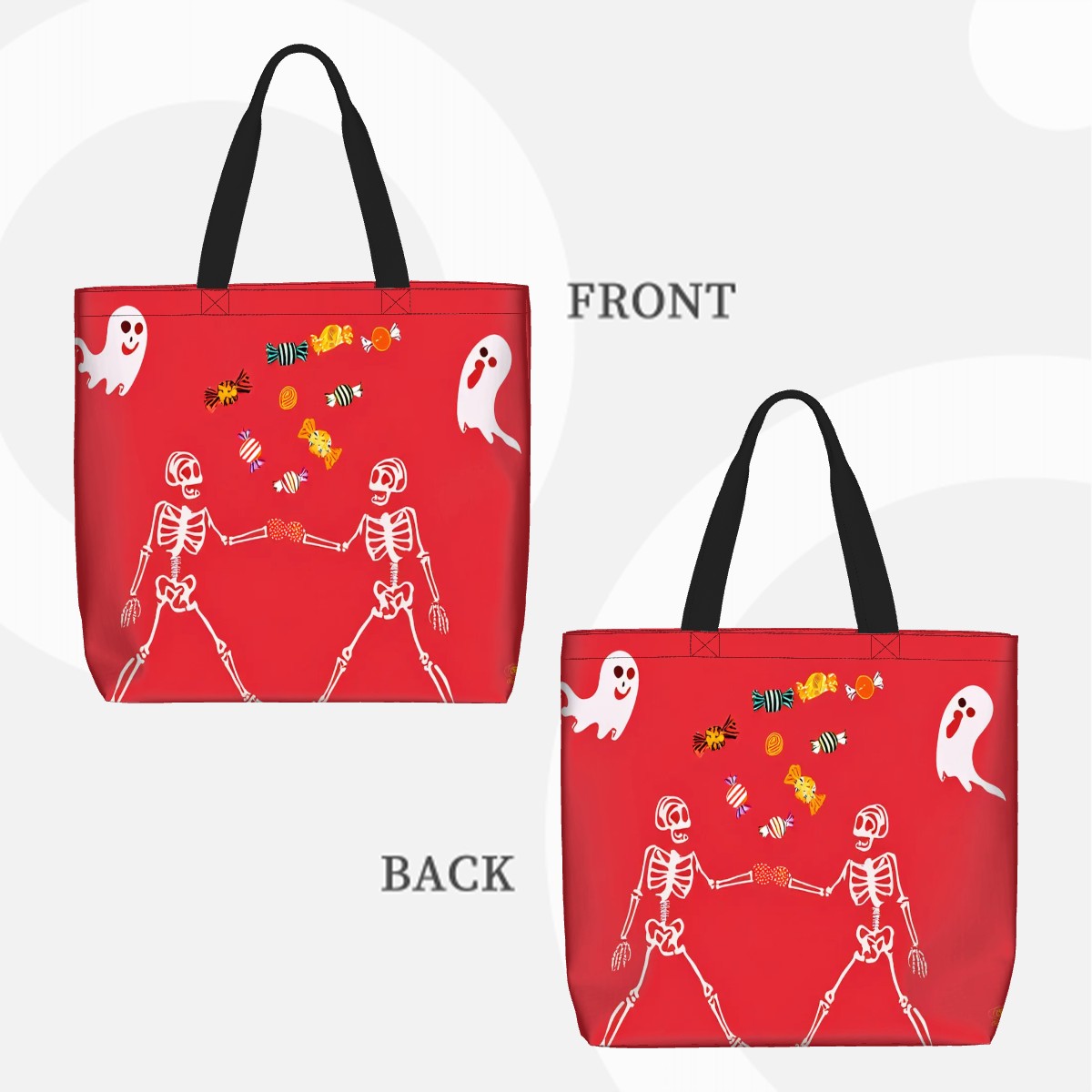 Sac fourre-tout Halloween rouge avec squelettes, fantômes et bonbons sur le devant et le dos.