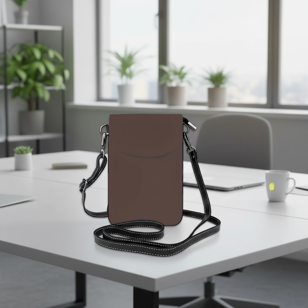 Sac À Main À Bandoulière Pour Téléphone Cellulaire Coloré en cuir châtaigne, vue élégante avec éclairage studio