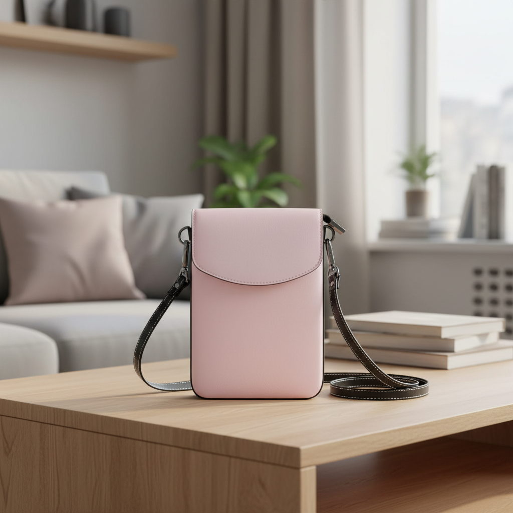 Sac À Main À Bandoulière Pour Téléphone Cellulaire Coloré rose, scène urbaine lifestyle avec lumière naturelle