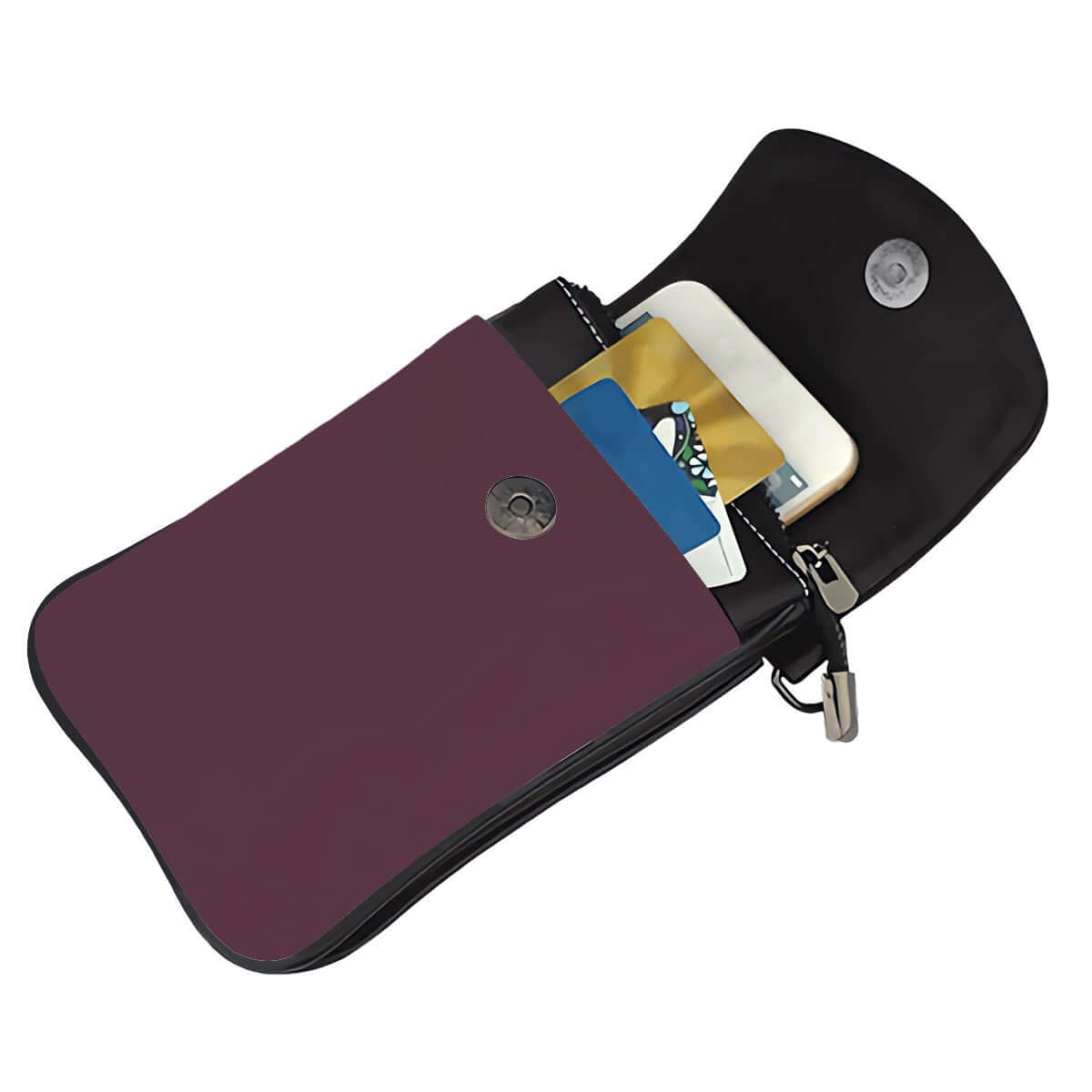 Sac À Main À Bandoulière Pour Téléphone Cellulaire Coloré ouvert avec téléphone et cartes visibles.